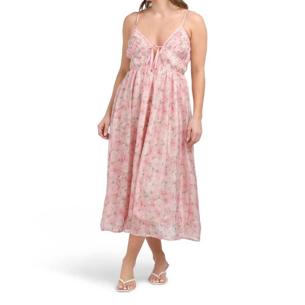 EN SAISON Pink Floral Midi Dress Smocked Back Tie Detail Dress Size M NWT